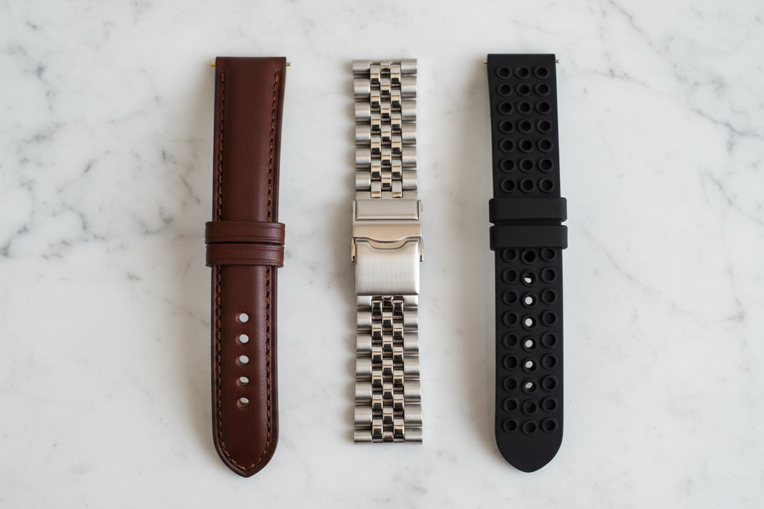 Different types of watch straps including leather, stainless steel and silicone