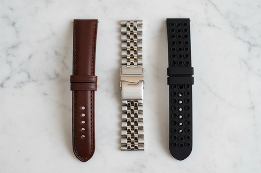 Different types of watch straps including leather, stainless steel and silicone