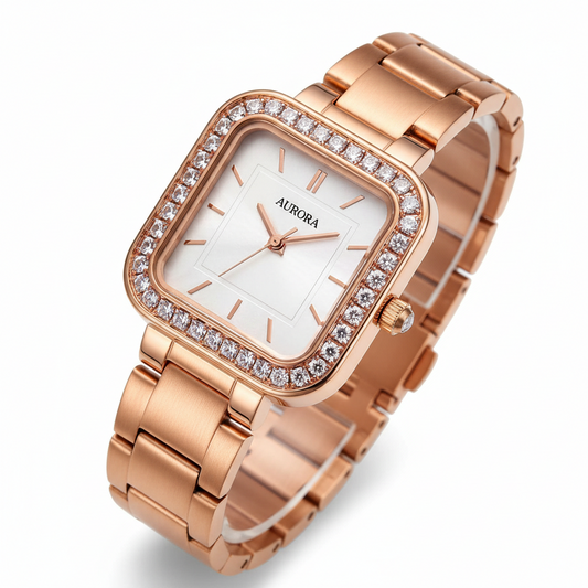 Elegant retro square diamond women quartz watch with rose gold metal strap daily fashion accessory