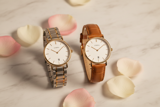 Minimalist luxury couple quartz watches, waterproof leather and steel band matching wrist watch set for men women, romantic anniversary gift